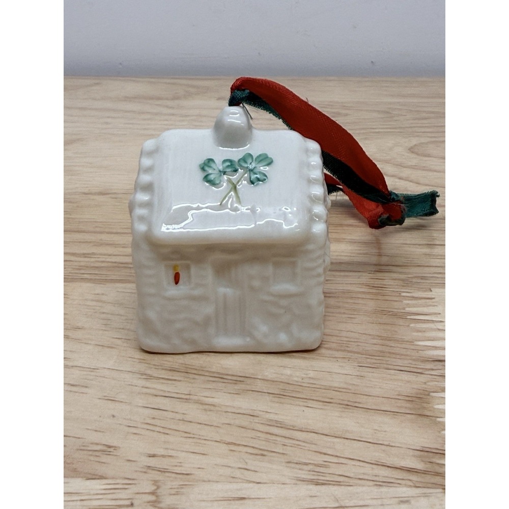 Vintage Belleek Ireland Porcelain Cottage Christmas Ornament Shamrock Irish AA